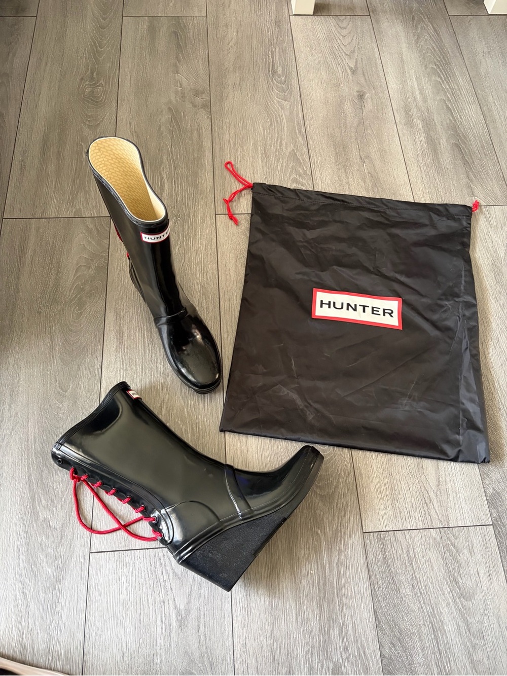 Hunter Black Wedge Rain Boots with Red Lace Detail